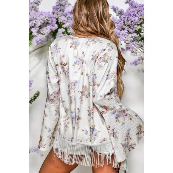 PEACH LOVE Ivory Floral Print Satin Cardigan with Fringe - Picture 5 of 8